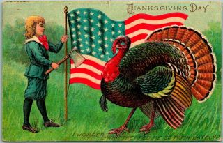 Vintage Patriotic Thanksgiving Postcard Turkey & Boy W/ U.  S.  Flag 1910 Cancel