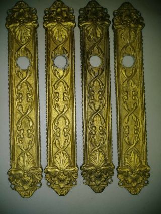 Vintage Set Of Four Brass Art Deco Style Fancy Door Knob Back Plates Salvage.