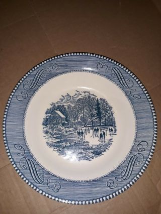 Vintage Currier And Ives " Early Winter " Blue And White Soup Salad Bowl 8.  5”