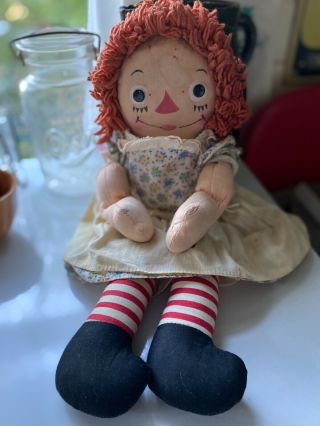 Vintage Georgene Raggedy Ann Doll With Light Blue Yellow Green Floral Dress 15 "
