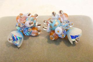 Exquisite Vintage Hobe Clip Blue Art Glass Floral Earrings Signed Pair
