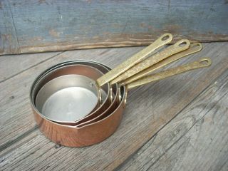 Vintage Copper Measuring Cups Brass Handles Set Of 4 Graduated Measures 1/4c - 1c