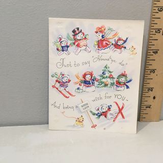 Vtg Christmas Card Snowman Woman Children Skiis Gifts Puppy Dog
