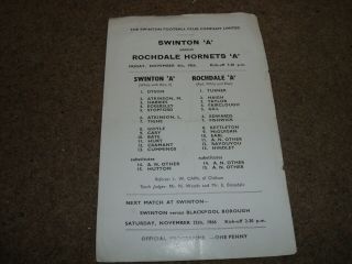 Vintage Swinton " A " V Rochdale Hornets " A " Rugby League Alliance 4th Nov 1966