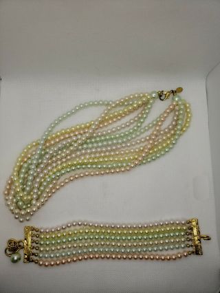 Vintage Joan Rivers Faux Pearl Necklace And Bracelet Set,  Multicolor Strands.