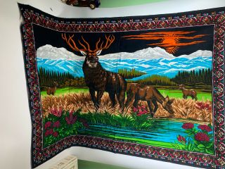 Vintage Velvet Tapestry Rug Wall Hanging Elk Deer Wildlife Mountain 60”x39”