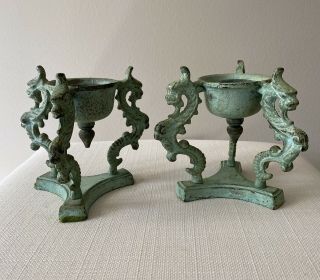 Vintage Brass Or Bronze - Like Metal Oriental Sea Dragon Candle Holders