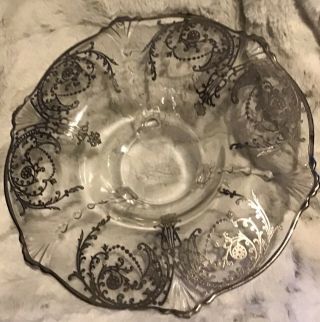 Vintage Silver Overlay Glass Footed Bowl 12” Art Deco Victorian