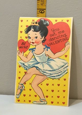 Vtg Valentine Card Pretty Little Dark Hair Girl Ballerina Dancer