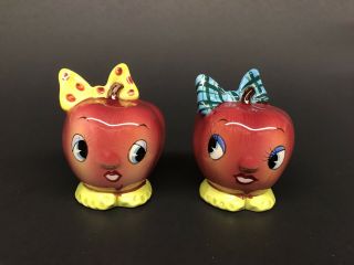 Vintage Py Japan Apple Salt And Pepper Shakers Anthropomorphic Anthro Cute