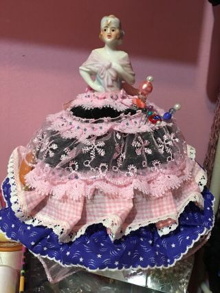 Vintage Porcelain Pin Cushion Half Doll With Dress 4