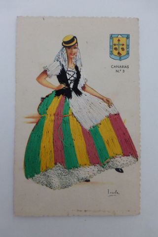 Vintage Spanish Embroidered Silk Dress Postcard Canarias