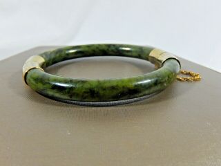 Vtg Spinach Green Jade Gold Plated Hinged Bangle Bracelet W Safety Chain Evc