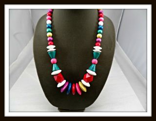 Vintage Multi Colored Wood Bead & Acrylic Disc Necklace 3627