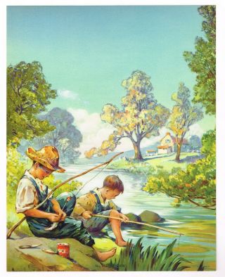 Vintage Calendar Print 1940s Lithograph Fishing Nos Rod & Reel Fish