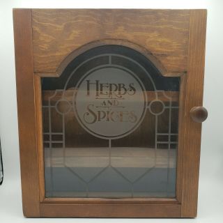 Vintage Herbs And Spices Wood Cabinet Rack With Glass Door 13 1/2 Inches Tall