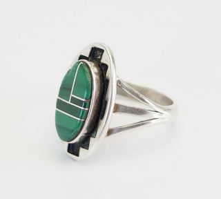 Vintage Sterling Silver Inlaid Green Malachite Gemstone Ring Size 7 By Teme