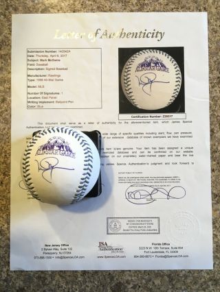 Mark Mcgwire Signed Auto 1998 All - Star Baseball In Colorado Loa Jsa