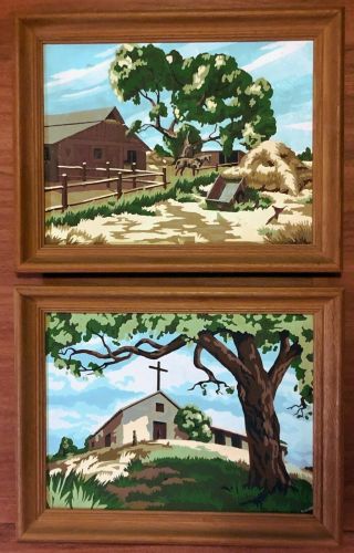 Vintage Paint By Numbers Church & Farm Scenes Framed Set