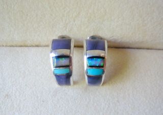 Julius Burbank Vintage Old Pawn Sterling Silver Inlaid Turquoise Opal Earrings