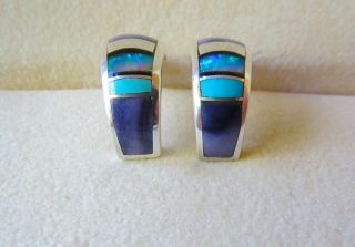 Julius Burbank Vintage Old Pawn Sterling Silver Inlaid Turquoise Opal Earrings 2