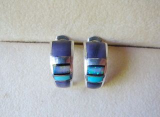 Julius Burbank Vintage Old Pawn Sterling Silver Inlaid Turquoise Opal Earrings 3
