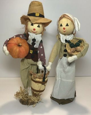 Vintage Set Of 2 Folk Art Corn Husk Pilgrims Figures Thanksgiving Autumn/fall