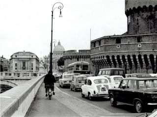1967 Vintage Photo Cars And Bicycle Riders On Street Traffic In Rome Italy