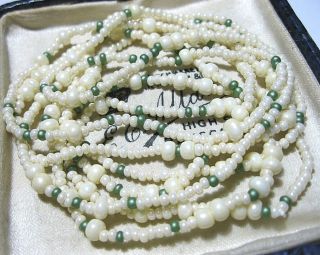 Pretty Vintage Cream & Green Glass Seed Bead Costume Jewellery 46 " Long Necklace