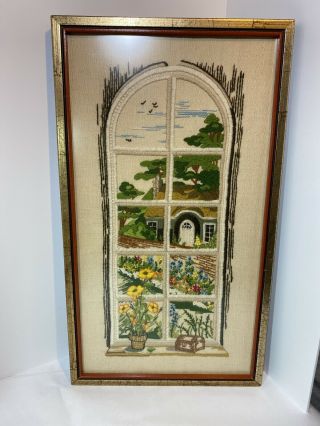 Vintage Crewel Embroidery Landscape Floral Finished Stitchery Framed 23x13”