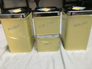 Vintage Mcm 4 - Piece Yellow Metal Kitchen Canister Set Lincoln Beautyware