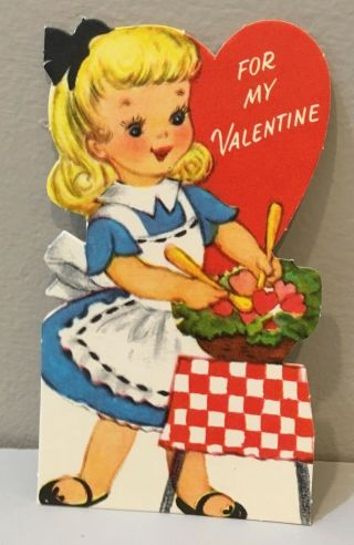 Vtg Valentine Card Pretty Little Girl 50s Kitchen Apron Salad Gibson