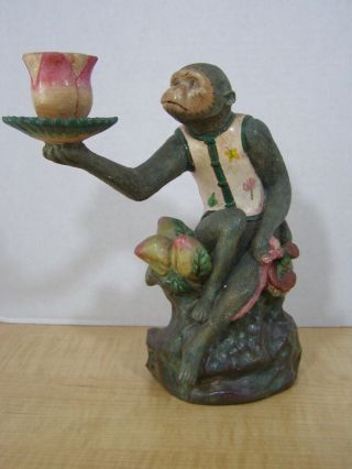 Vtg Asian Inspired Hand Painted Resin Monkey W/ Lotus Flower Candle Holder