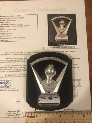 Max Scherzer Signed Jsa Letter Cy Young Award Plaque Tigers Nationals Baseball