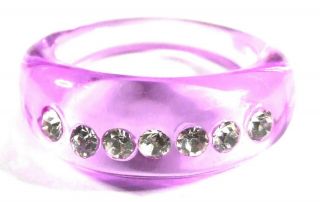 Vintage 1980s Clear Rhinestone Detailed Purple Acrylic Plastic Ring Size O/p