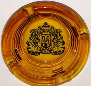 Vintage Glass Ashtray Hotel Mark Hopkins Crest Logo Amber Glass N - Cond