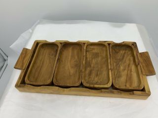 Vintage Teak Wood Serving Tray 4 Bowls/small Trays Set