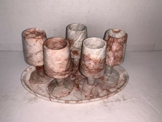 Vintage Set Of 5 Stone Stem Red & Gray Marble Shot Glasses With Tray