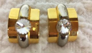 Vtg ' 70 ' s Valentino Art Deco Clip Earrings with Rhinestone Centers made in Italy 3