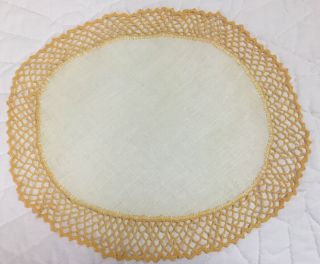 Vintage Large Oval Doily,  Linen,  Very Light Beige,  Yellow Hand Crocheted Edges