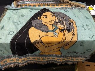 1995 Vintage Disney Pocahontas Throw Blanket Tapestry Meeko Raccoon Fringe Euc