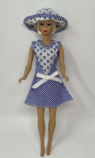Vintage Clone Barbie Size Doll Clothes Outfit Blue White Dot Striped Dress & Hat
