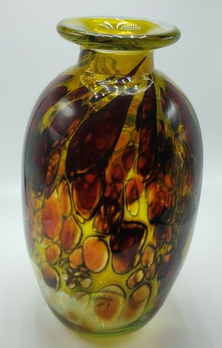 Vintage Bruce Freund Yellow Red Art Glass Vase Signed Hand Blown 9.  25 " Tall 1983