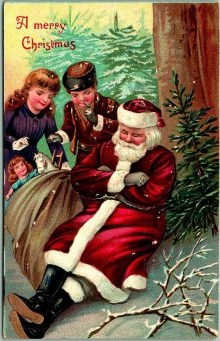 Vintage 1911 Christmas Postcard Children Steal Toys From A Sleeping Santa Claus