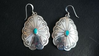 Vintage Navajo Sterling Silver Hand Stamped Turquoise Dangle Pierced Earrings