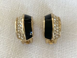 Vintage Signed Christian Dior Clip Earrings Crystals And Black Enamel Gold Tone