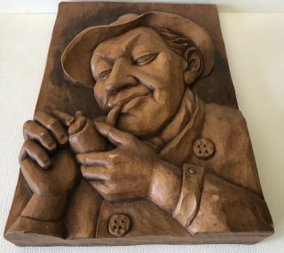 Vintage German Hand Carved Wood Block Man Face W/hat Lighting Pipe Wall Plaque
