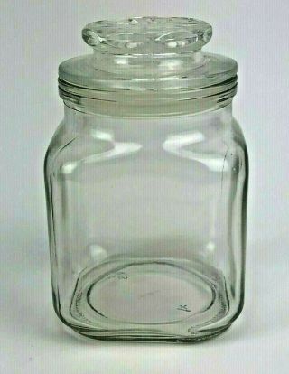 Vintage Anchor Hocking Clear Glass Square Apothecary 1/2 Qt Storage Jar W/lid