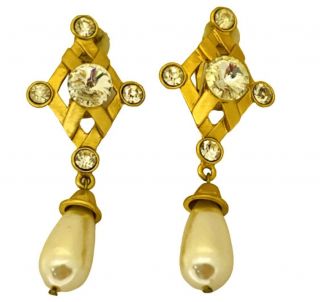 Vtg Huge Gold Pearl Rhinestone Dangle Massive Earrings Designer Runway - 2