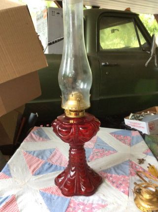 Rare Vintage Ruby Red Glass Oil Lamp B&p Queen Anne No.  2 Drapes Kerosene Lamp